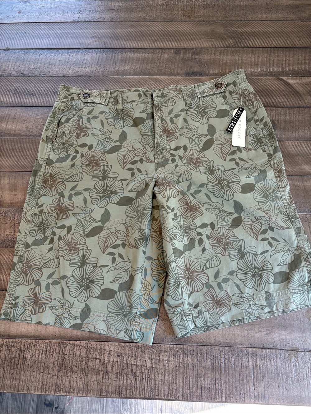Kim Rogers Floral Flat Front Shorts in Sage and Brown